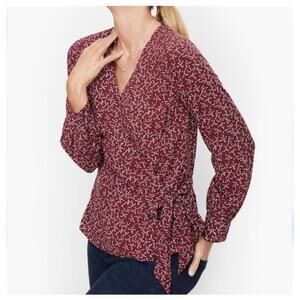 Talbots Wrap Tie Poet Sleeve Top V Neck Blouse Burgundy Size 2X